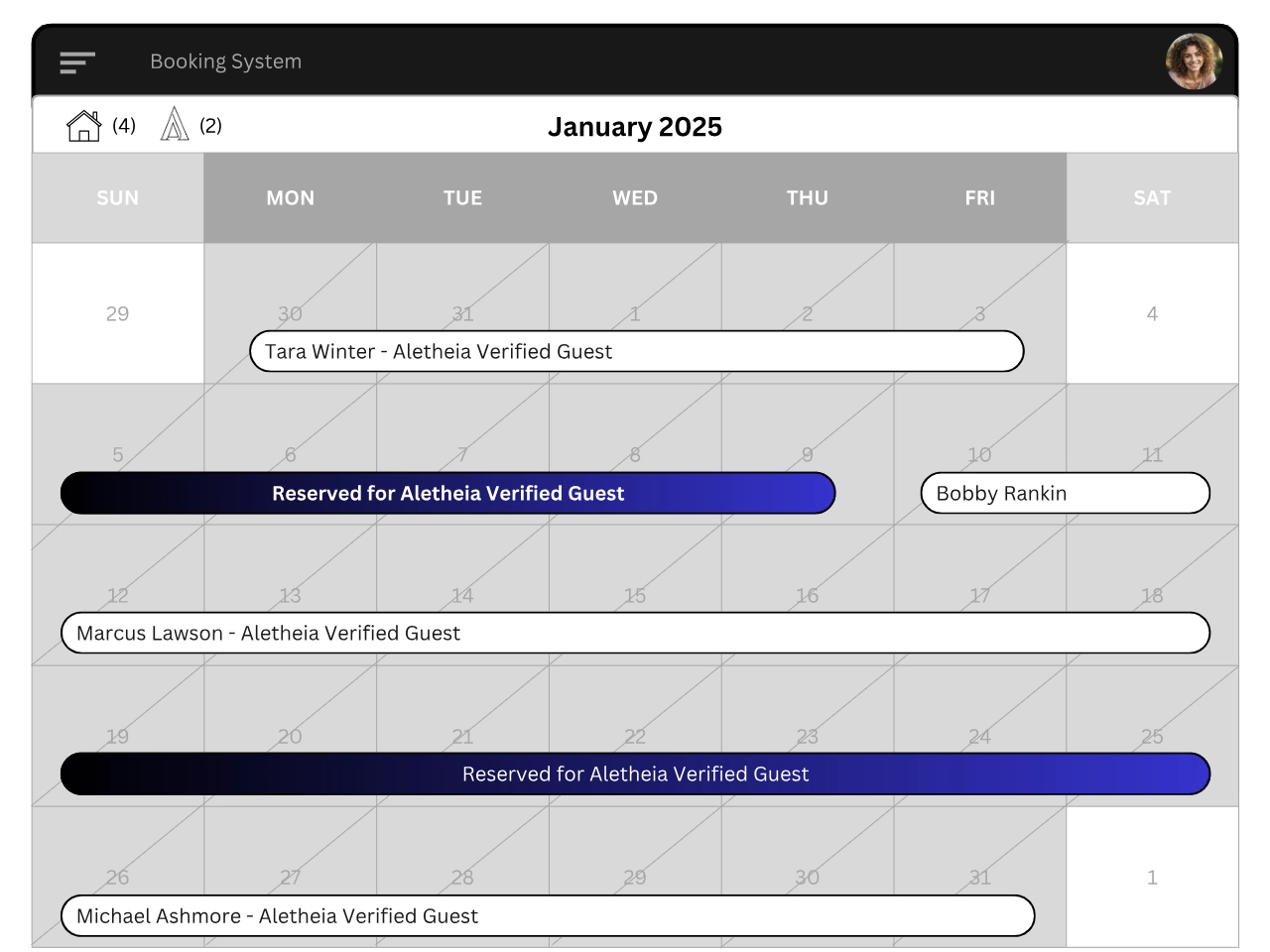 Picture of a calendar showing a full schedule with blocked spaces for Aletheia Verified guests.